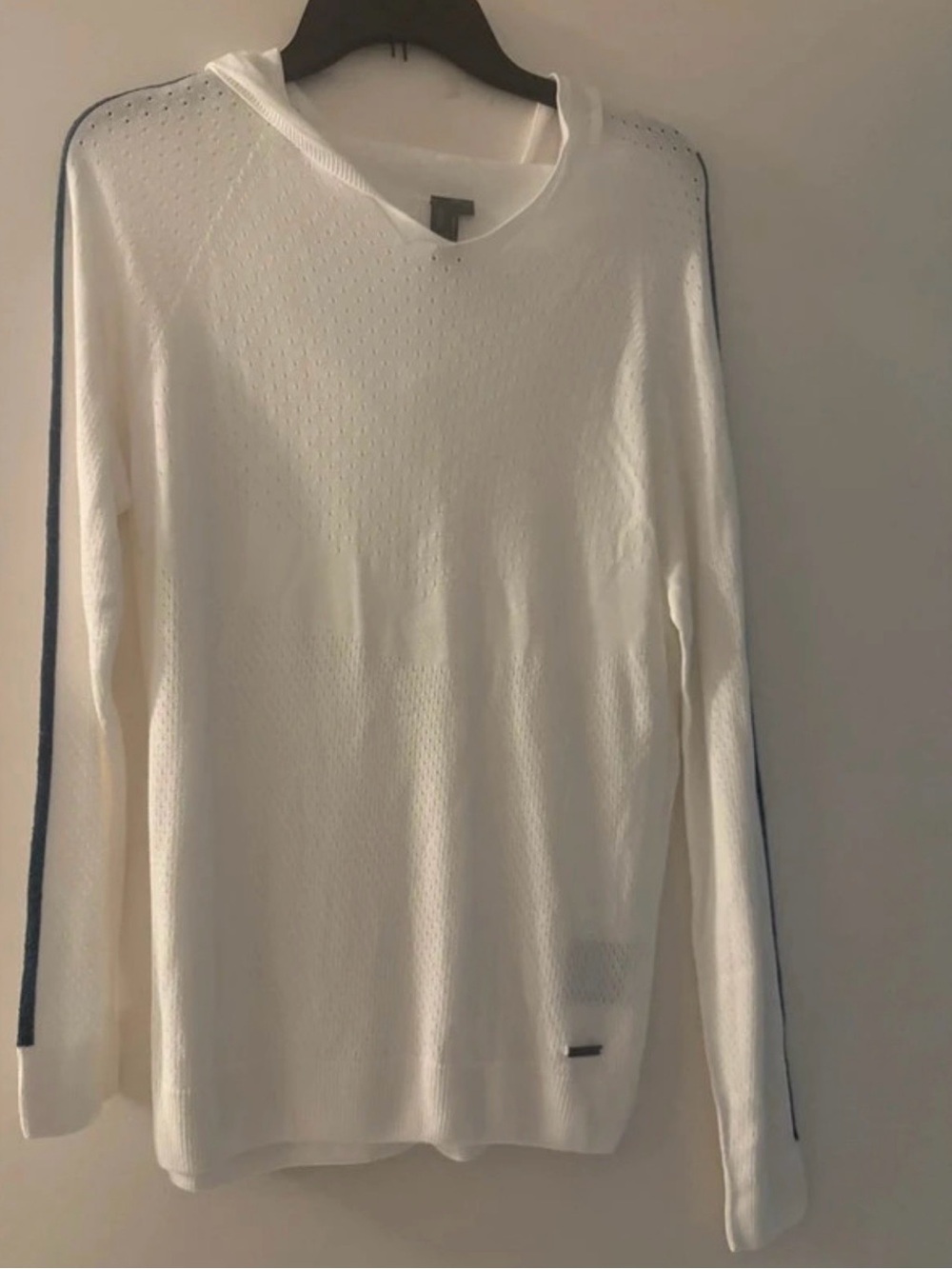 Sweaty Betty White V-Neck Sweater with Blue Shoulder Stripe